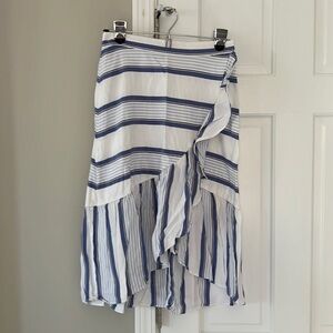 Loft Cotton Striped Wrap Style High Low Asymmetrical Midi Skirt Blue White